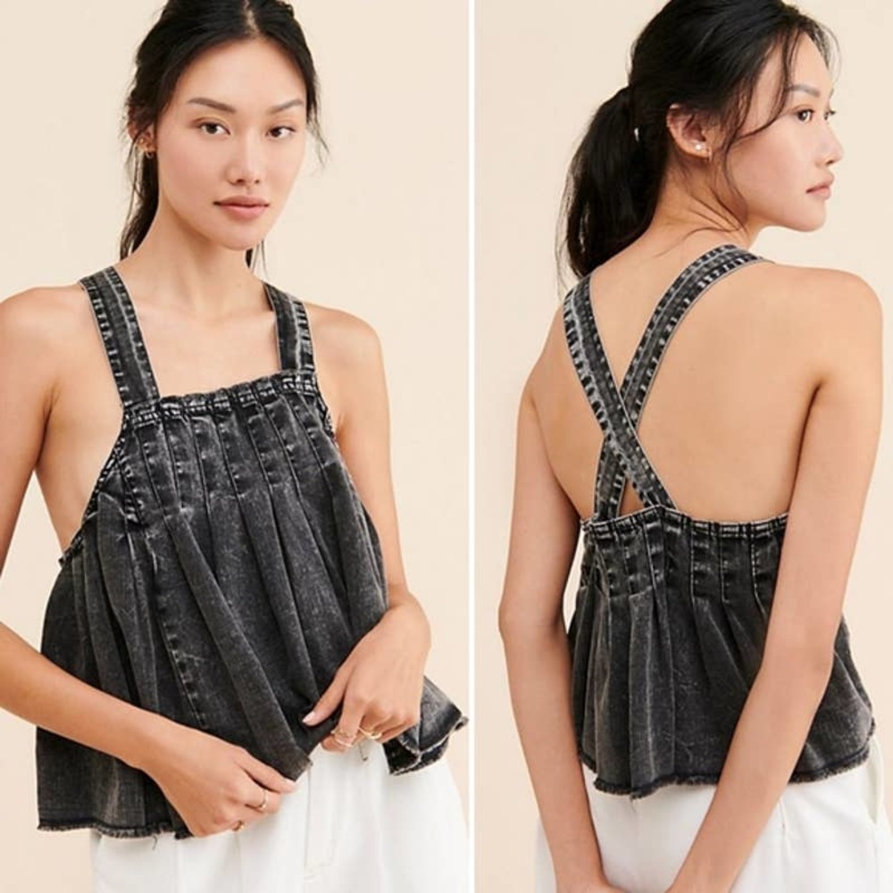 New FREE PEOPLE New Marina Square Neck Denim Tank Top NWT Small Black/ Gray